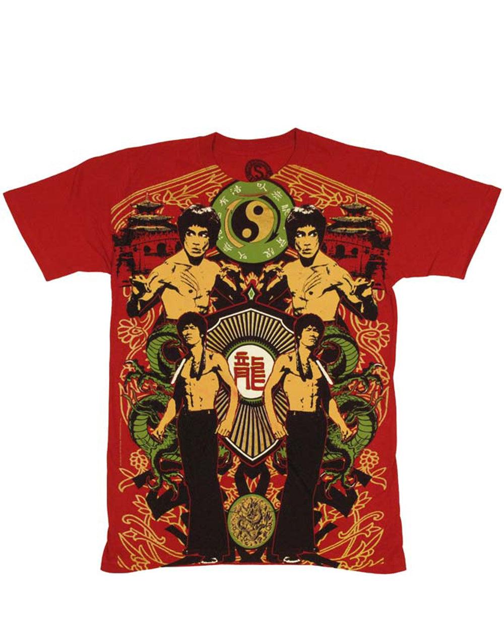 Bruce Lee duplicity dragon graphic on a red adult t-shirt.