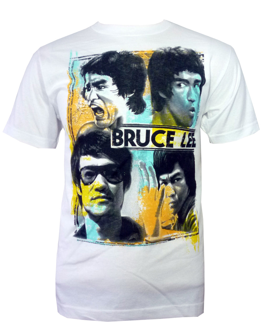 Bruce Lee faces graphic on a white adult t-shirt.