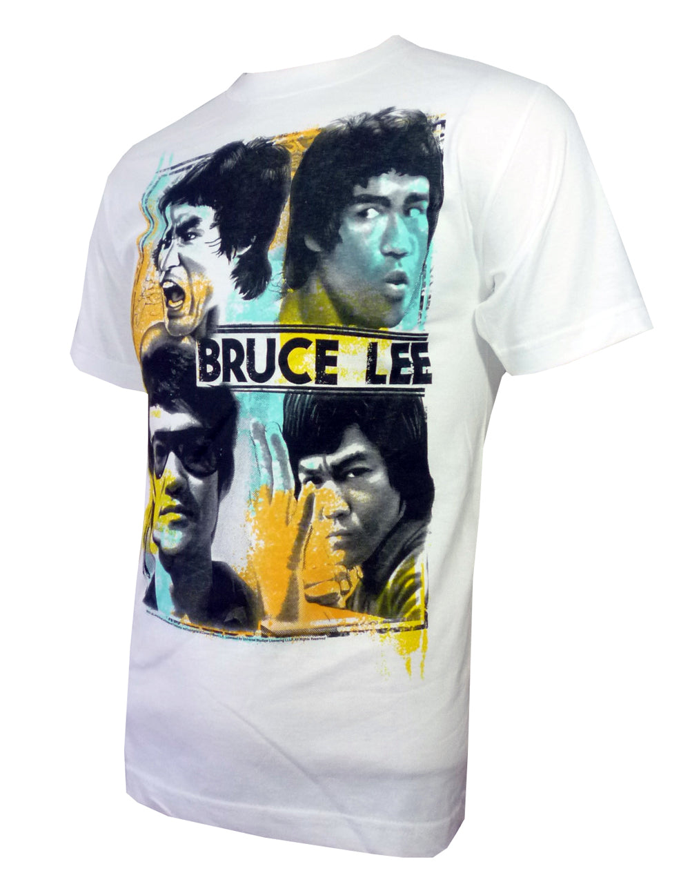 Bruce Lee faces graphic on a white adult t-shirt.