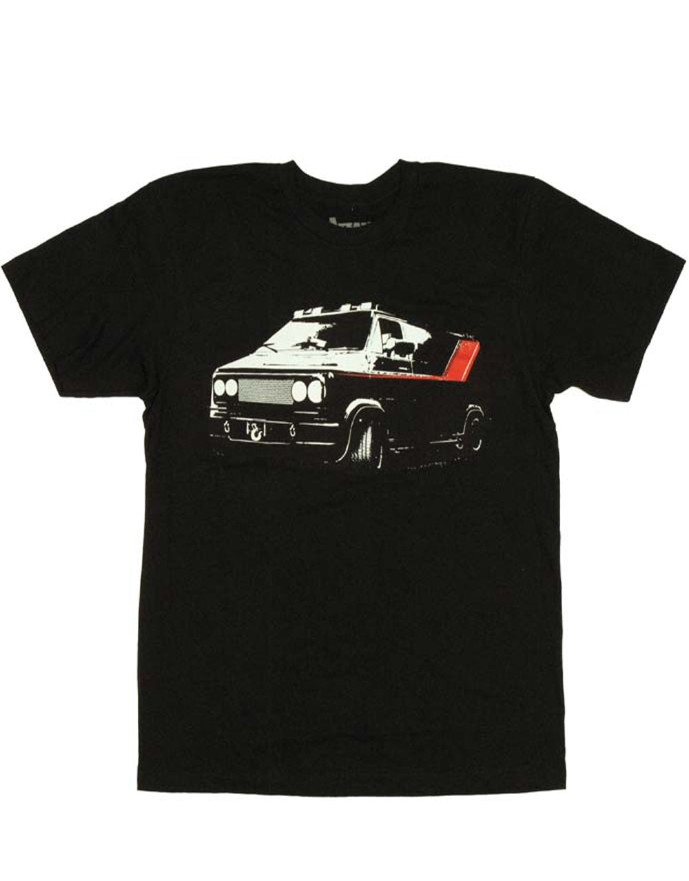 The A-Team van graphic on a black adult t-shirt.