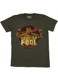 The A-Team Mr T shut up fool graphic on a dark grey adult t-shirt.