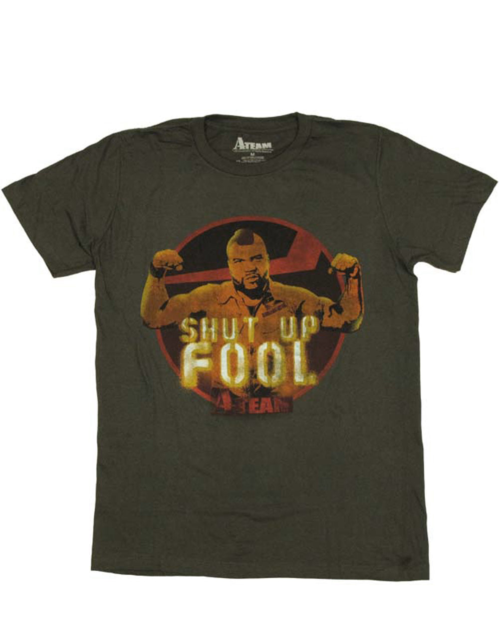The A-Team Mr T shut up fool graphic on a dark grey adult t-shirt.