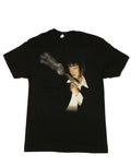 Pulp Fiction Mia Wallace gun graphic on a black adult t-shirt.
