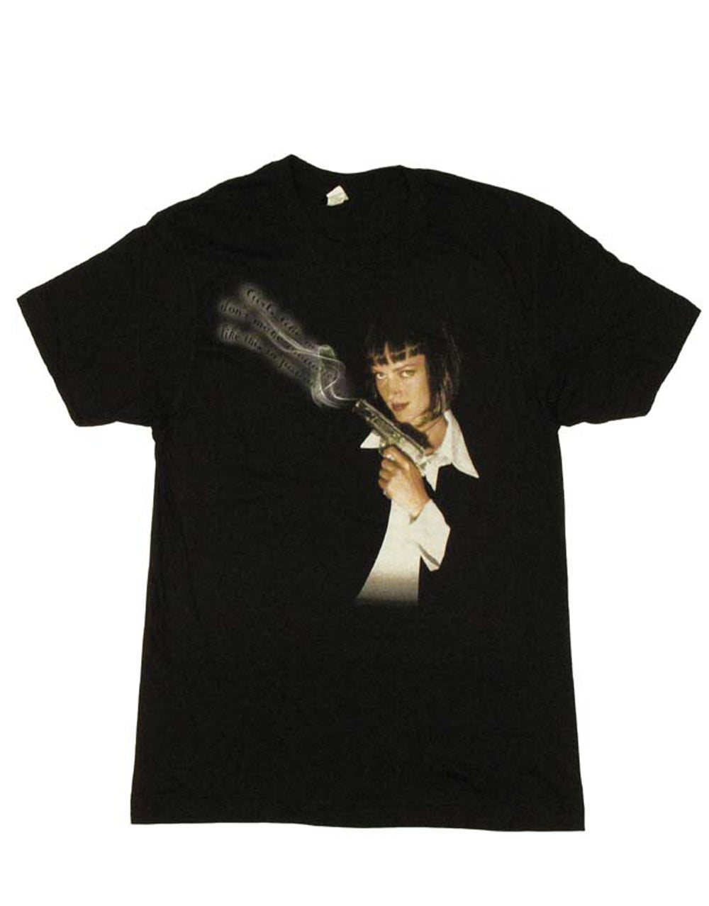 Pulp Fiction Mia Wallace gun graphic on a black adult t-shirt.