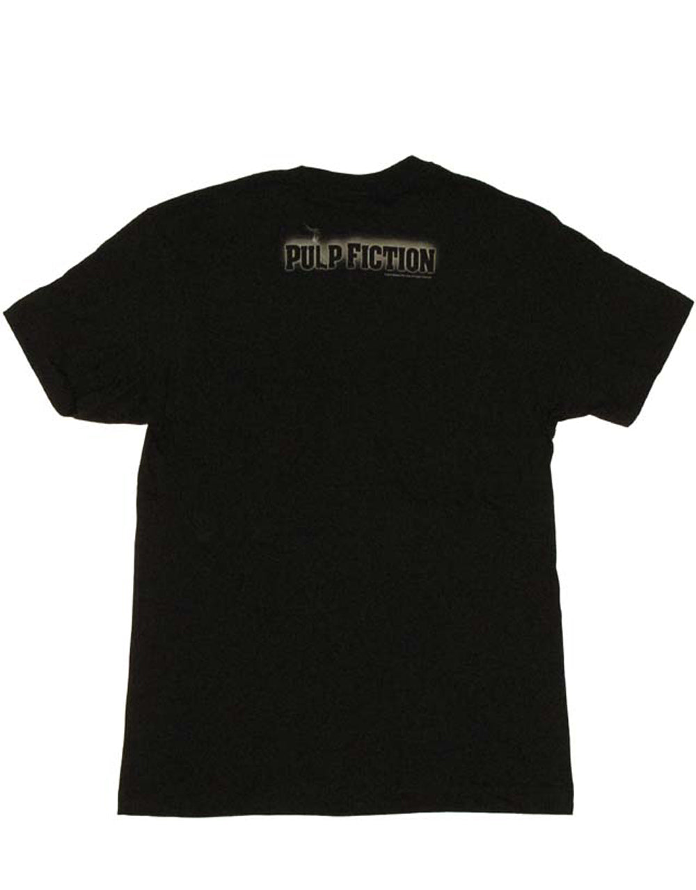 Pulp Fiction Mia Wallace gun graphic on a black adult t-shirt.