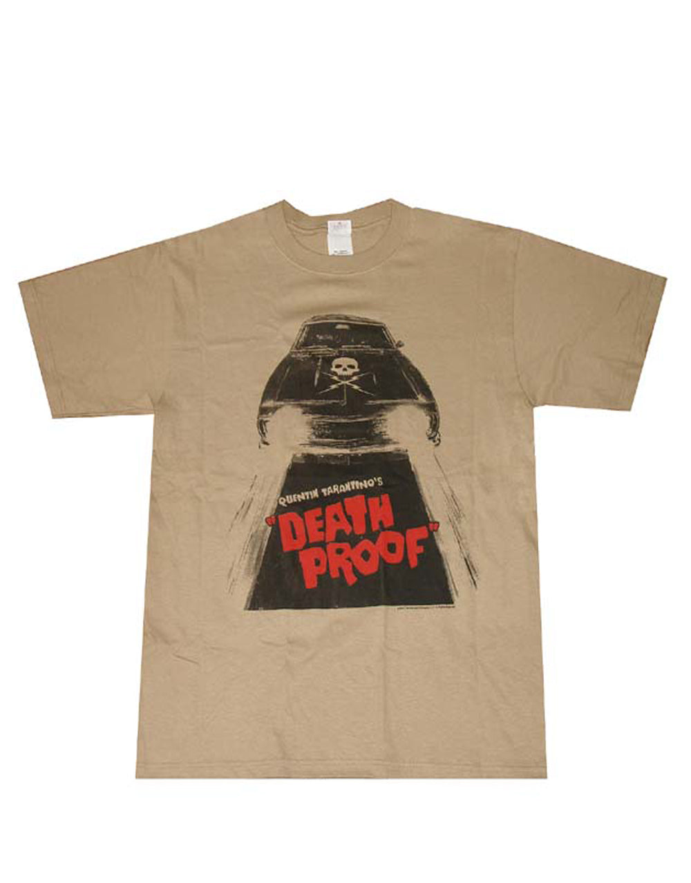 Grindhouse Death Proof poster graphic on a brown adult t-shirt.