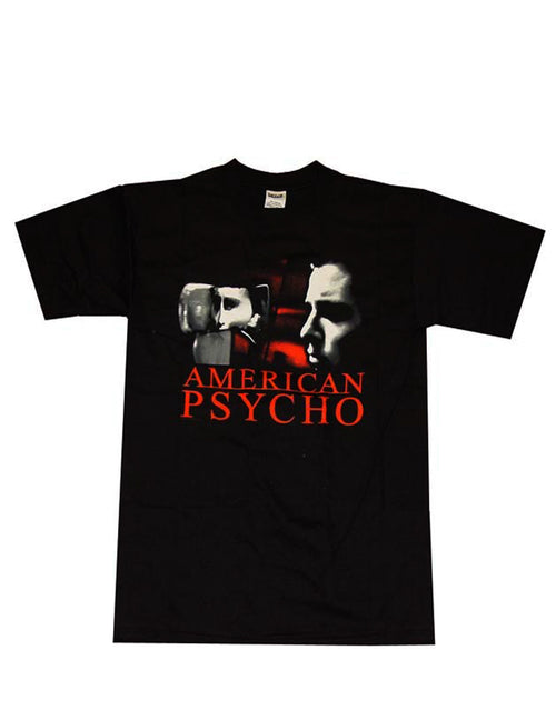 American Psycho Patrick Bateman axe graphic on a black adult t-shirt.