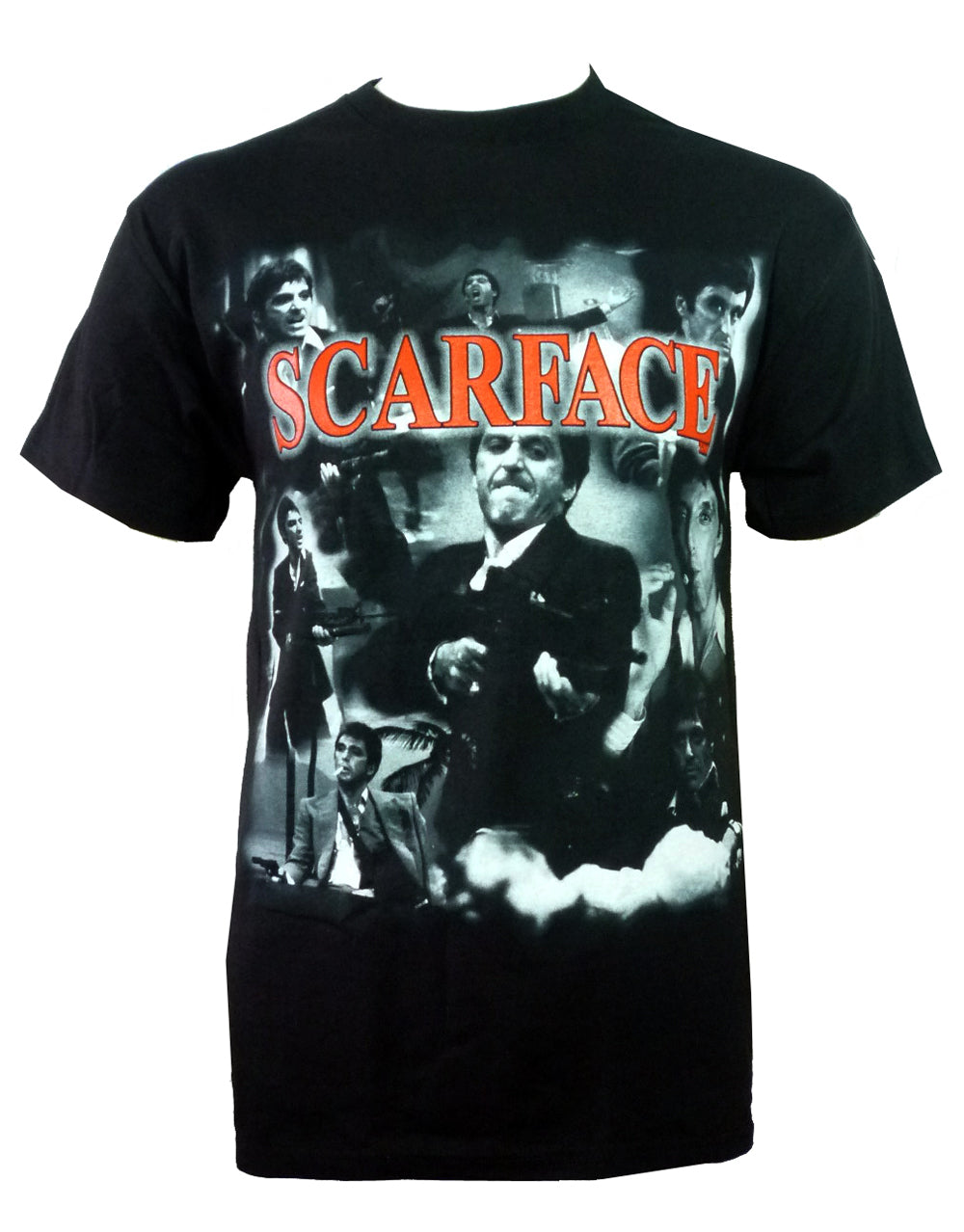 Scarface Montana montage graphic on a black adult t-shirt.