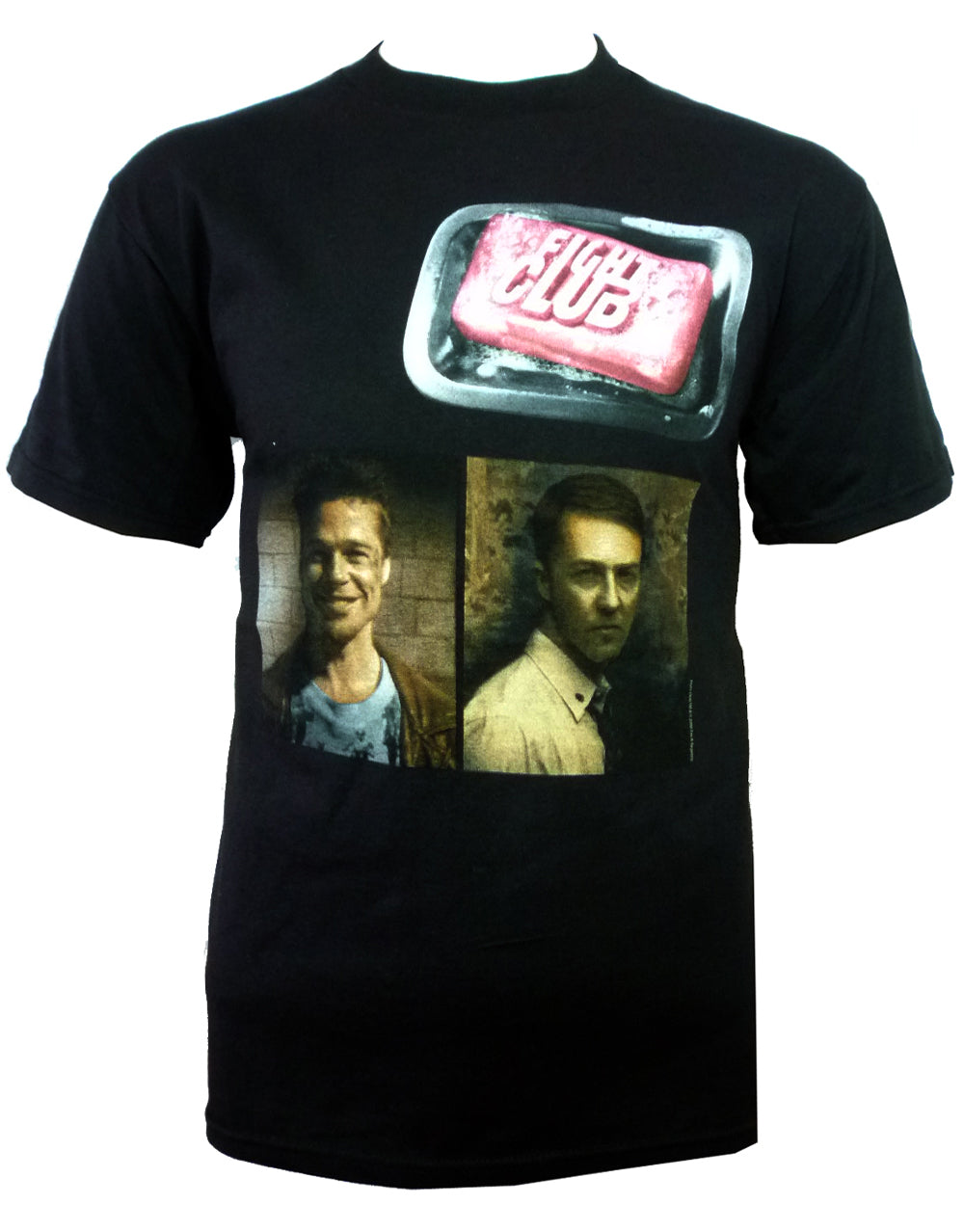 Fight Club Tyler soap faces graphic on a black adult t-shirt.