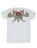 Pirates of the Caribbean crossbones graphic on a white adult t-shirt.