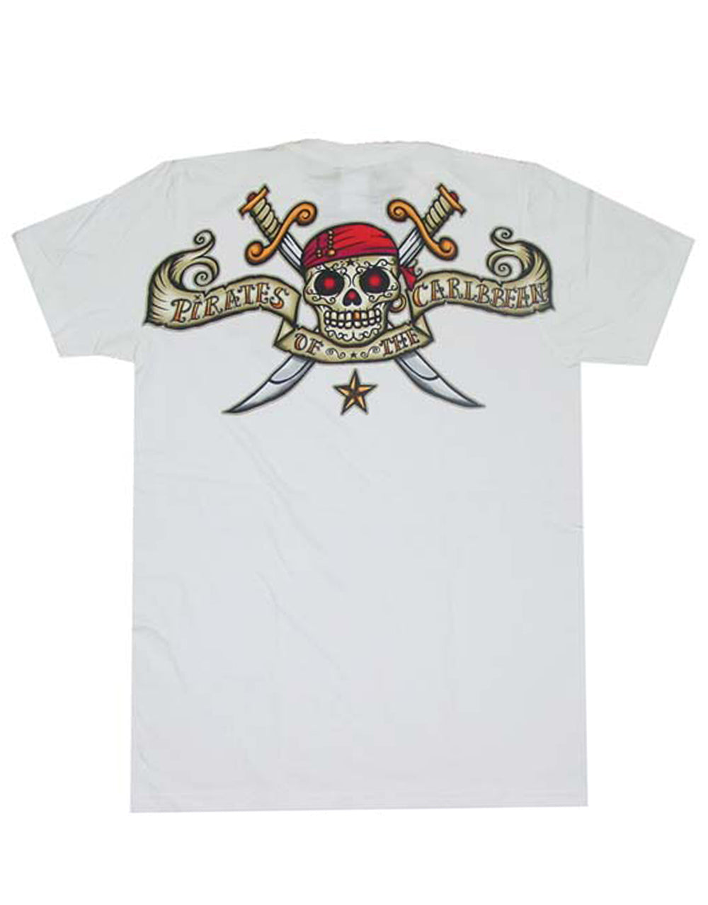 Pirates of the Caribbean crossbones graphic on a white adult t-shirt.