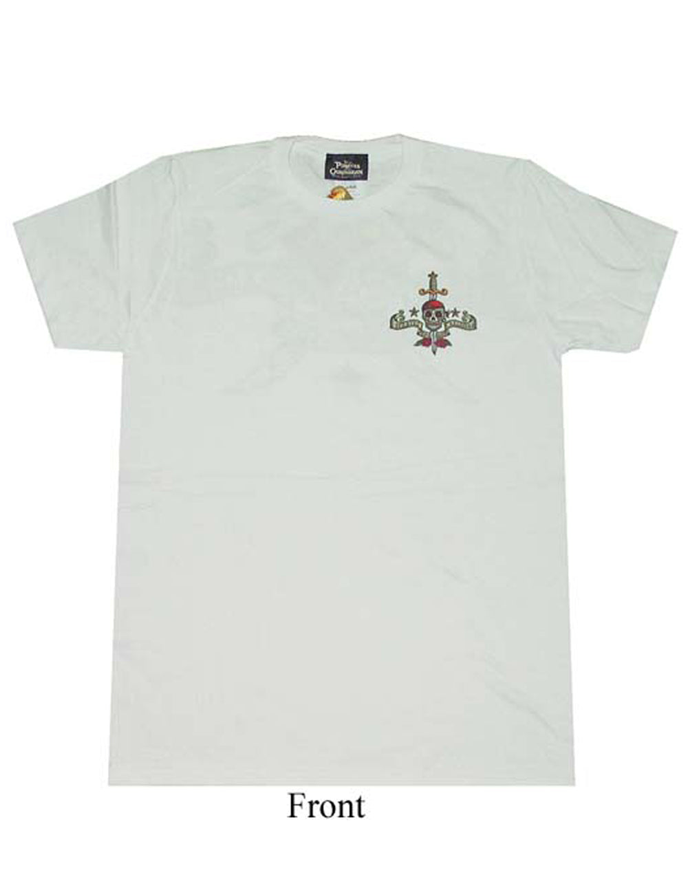 Pirates of the Caribbean crossbones graphic on a white adult t-shirt.
