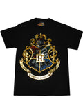 Harry Potter crest graphic on a black adult t-shirt.