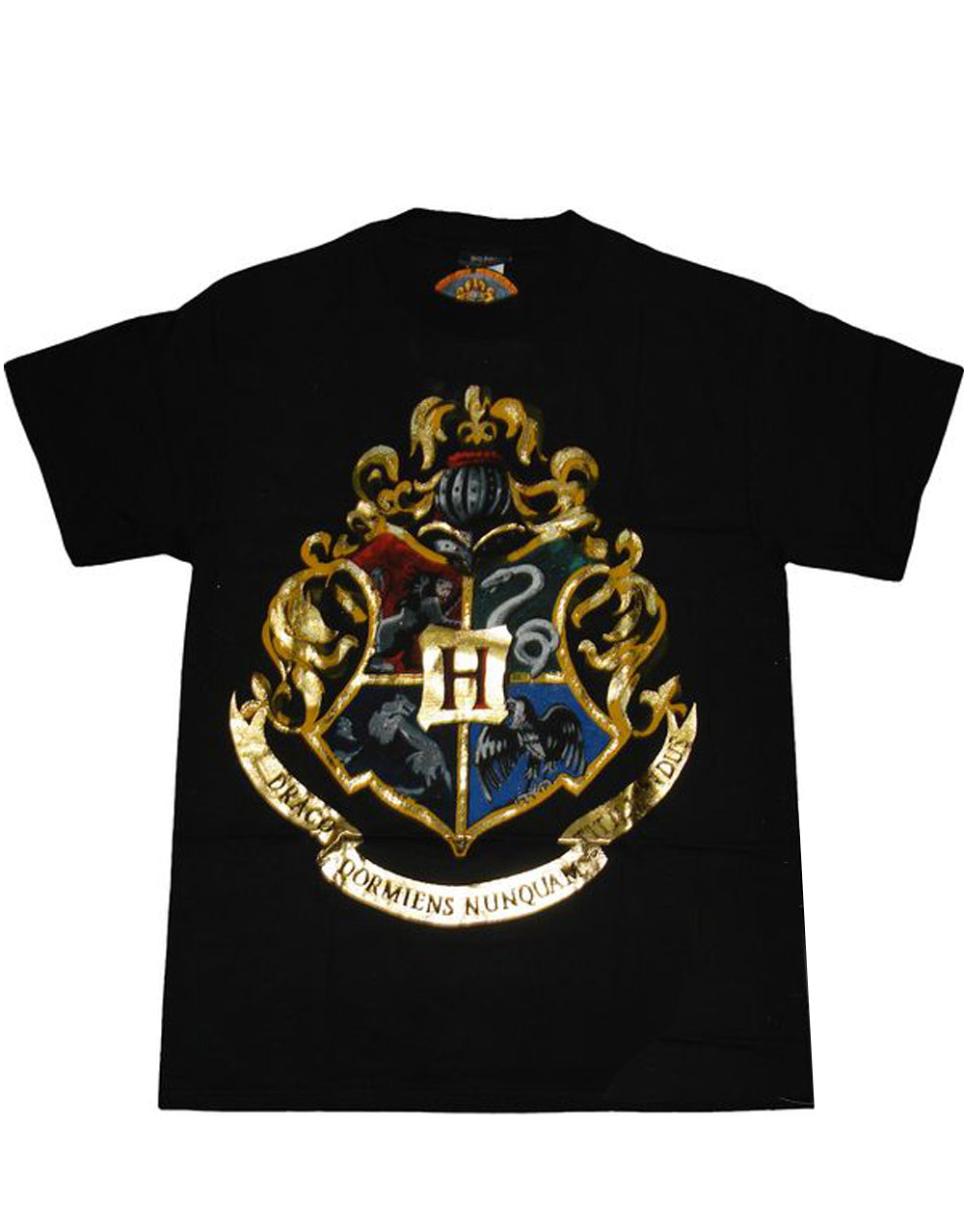 Harry Potter crest graphic on a black adult t-shirt.