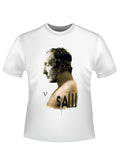 Saw V profile graphic on a white adult t-shirt.
