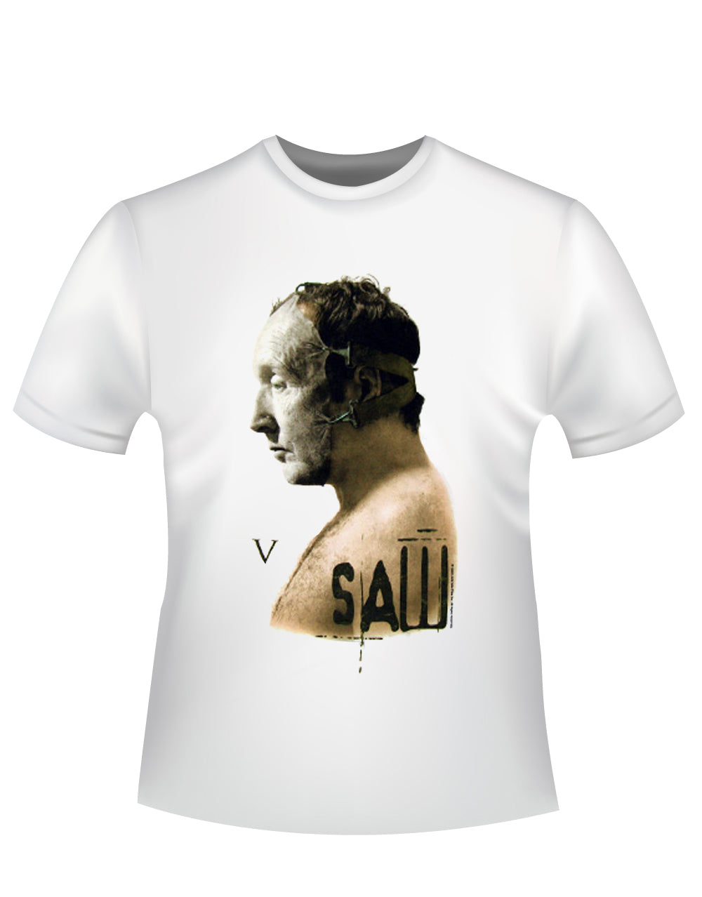 Saw V profile graphic on a white adult t-shirt.