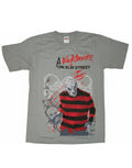 A Nightmare on Elm Street Freddy Krueger graphic on a grey adult t-shirt.