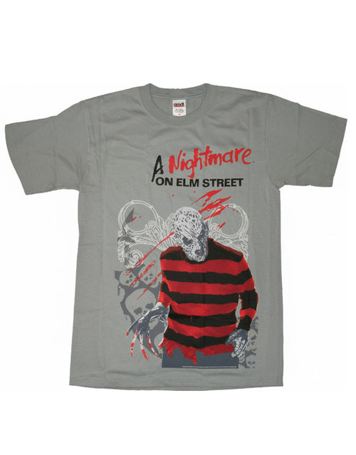 A Nightmare on Elm Street Freddy Krueger graphic on a grey adult t-shirt.