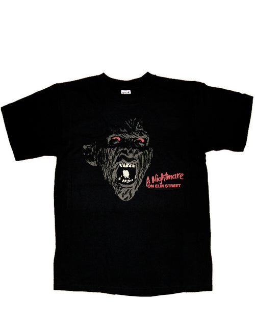 A Nightmare on Elm Street Freddy Krueger red eye graphic on a black adult t-shirt.