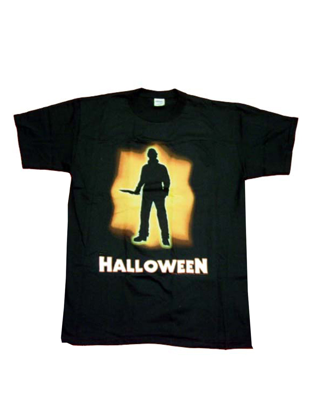 Halloween Michael Myers shape graphic on a black adult t-shirt.