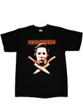 Halloween Michael Myers face knives graphic on a black adult t-shirt.