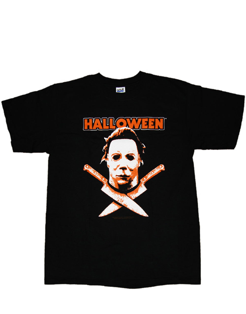 Halloween Michael Myers face knives graphic on a black adult t-shirt.