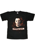Halloween Michael Myers spatter graphic on a black adult t-shirt.