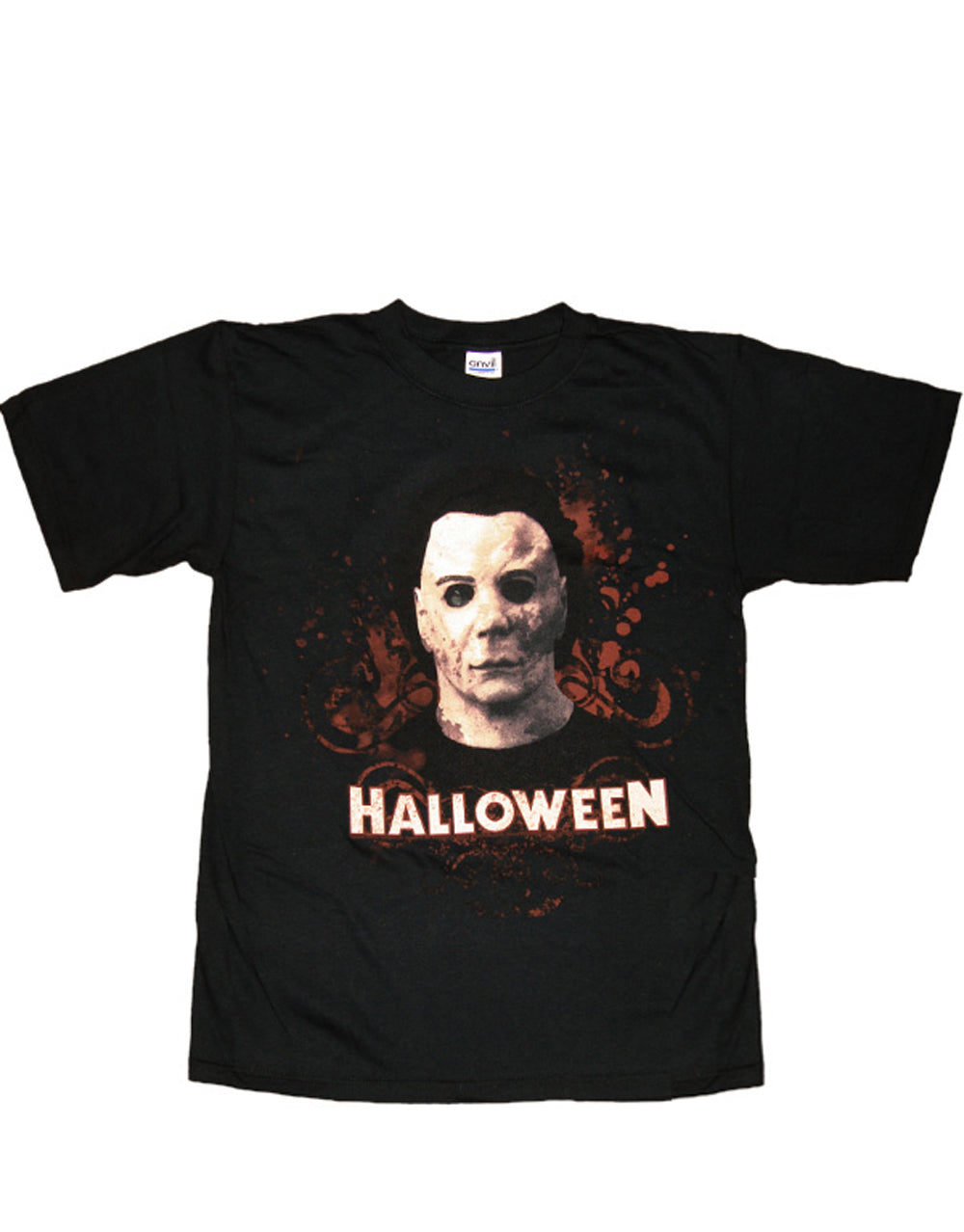 Halloween Michael Myers spatter graphic on a black adult t-shirt.