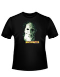 Halloween Michael Myers portrait graphic on a black adult t-shirt.