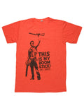 Army of Darkness Ash boomstick graphic on an orange adult t-shirt.