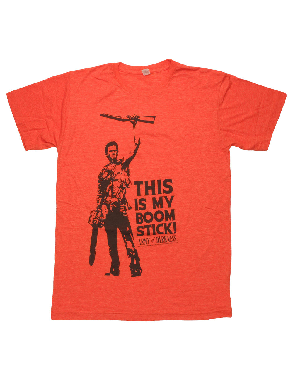 Army of Darkness Ash boomstick graphic on an orange adult t-shirt.