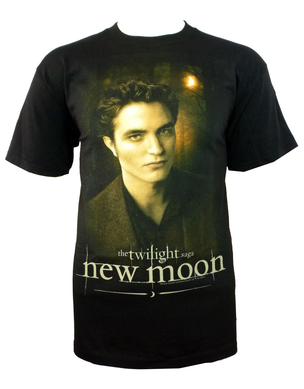 Twilight New Moon Edward graphic on a black adult t-shirt.