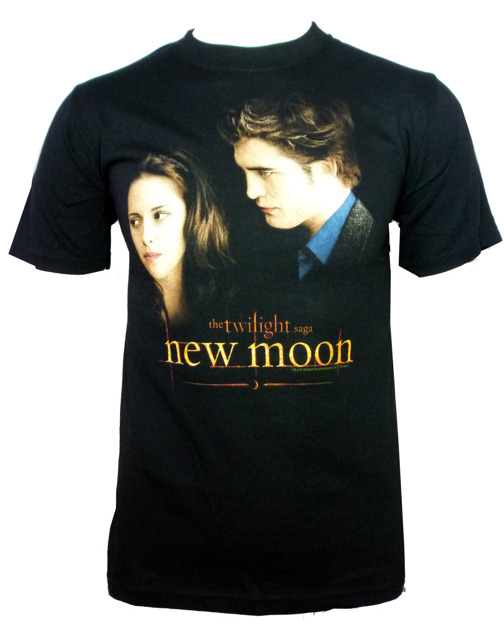 Twilight New Moon Bella and Edward graphic on a black adult t-shirt.