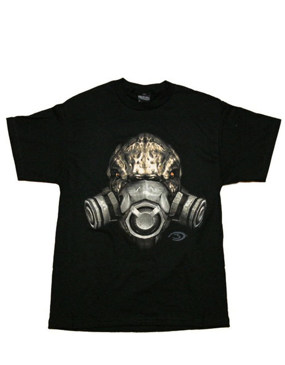 Halo bad guy face graphic on a black adult t-shirt.