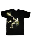 Halo shoot up graphic on a black adult t-shirt.