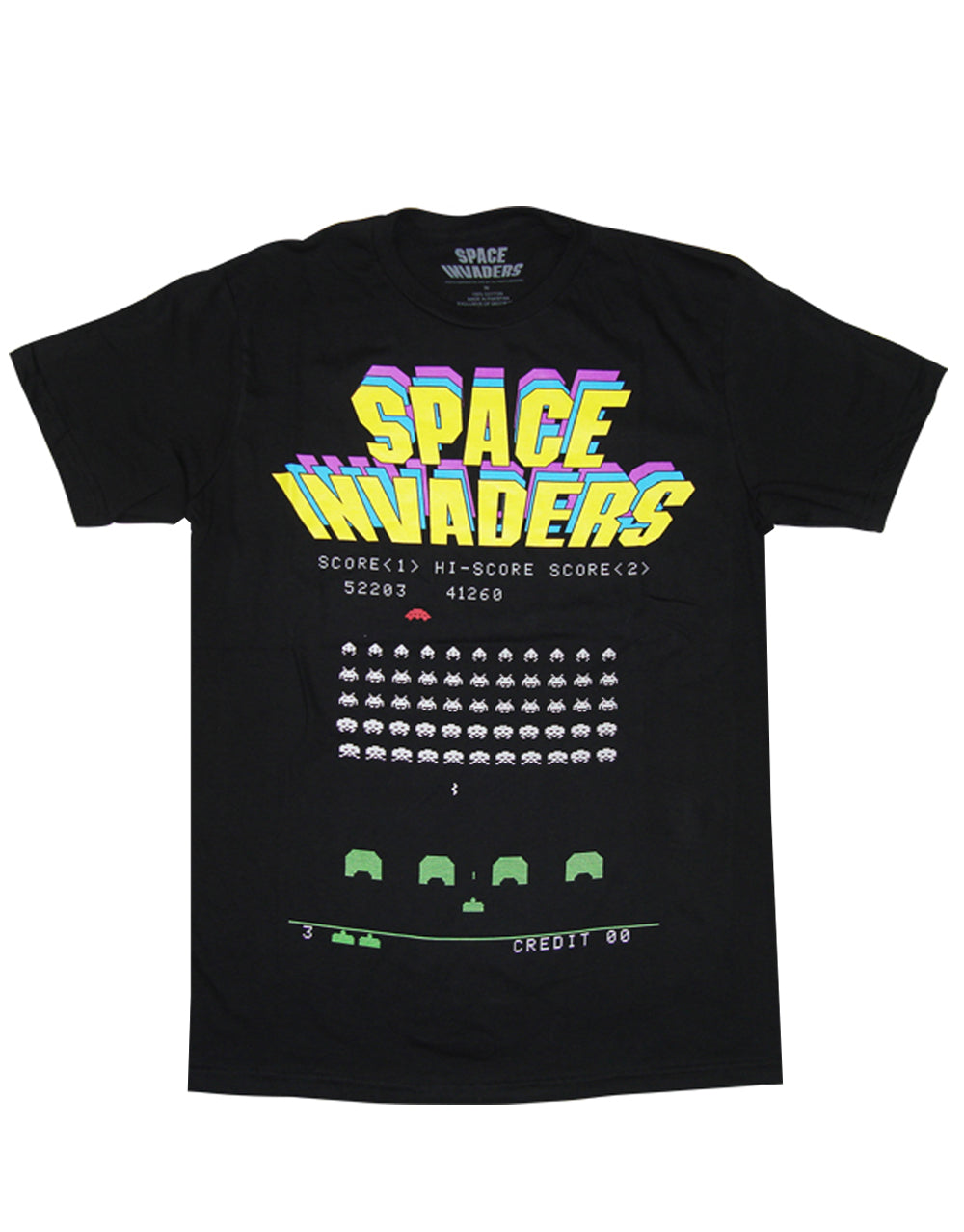 Atari Space Invaders screen graphic on a black adult t-shirt.