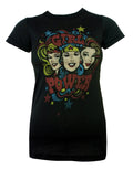 DC Comics retro girl power graphic on a black wash women's t-shirt.