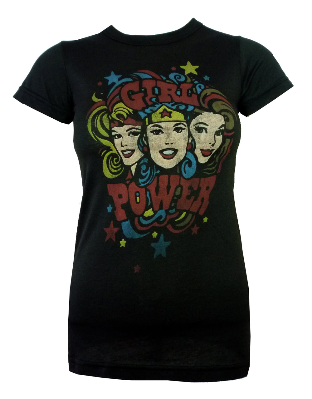 DC Comics retro girl power graphic on a black wash women's t-shirt.