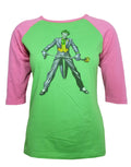The Joker stance graphic on a green women's baseball top.
