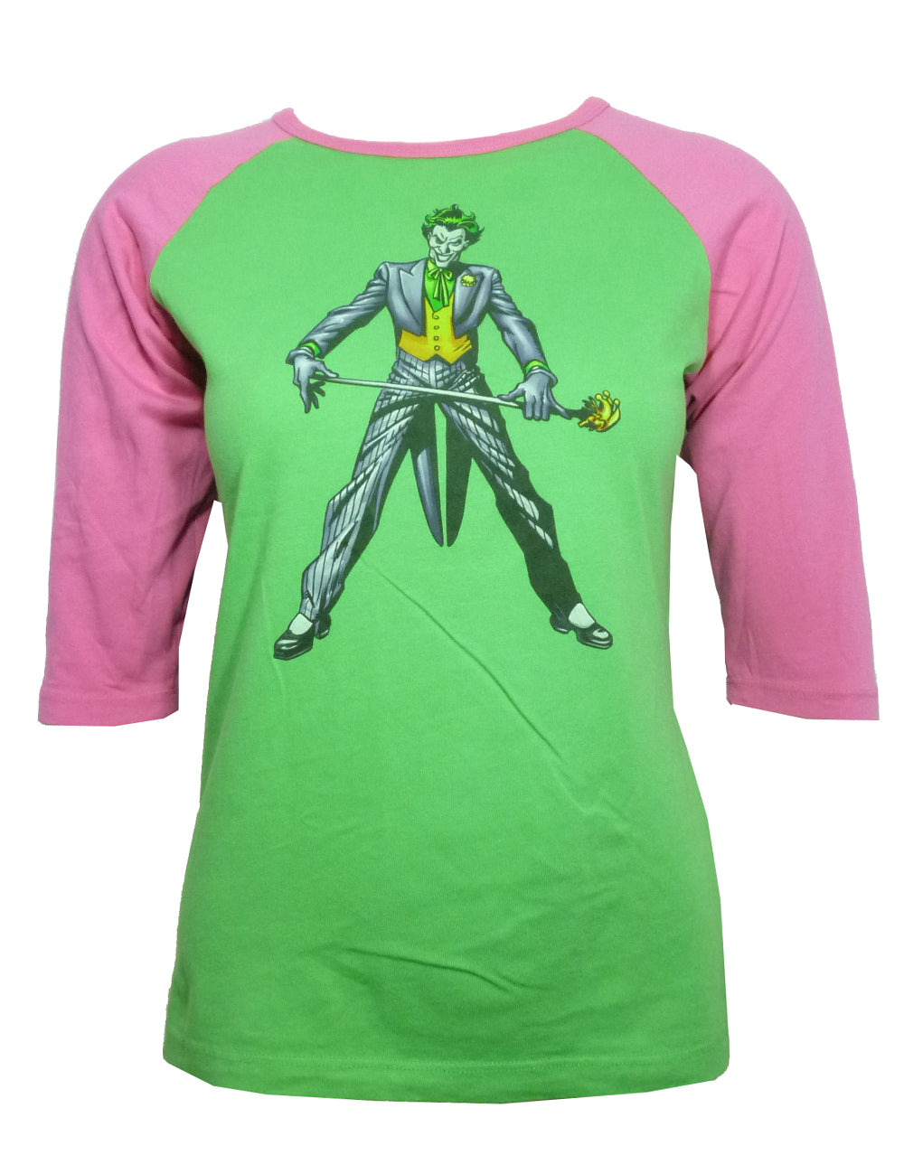 The Joker stance graphic on a green women's baseball top.