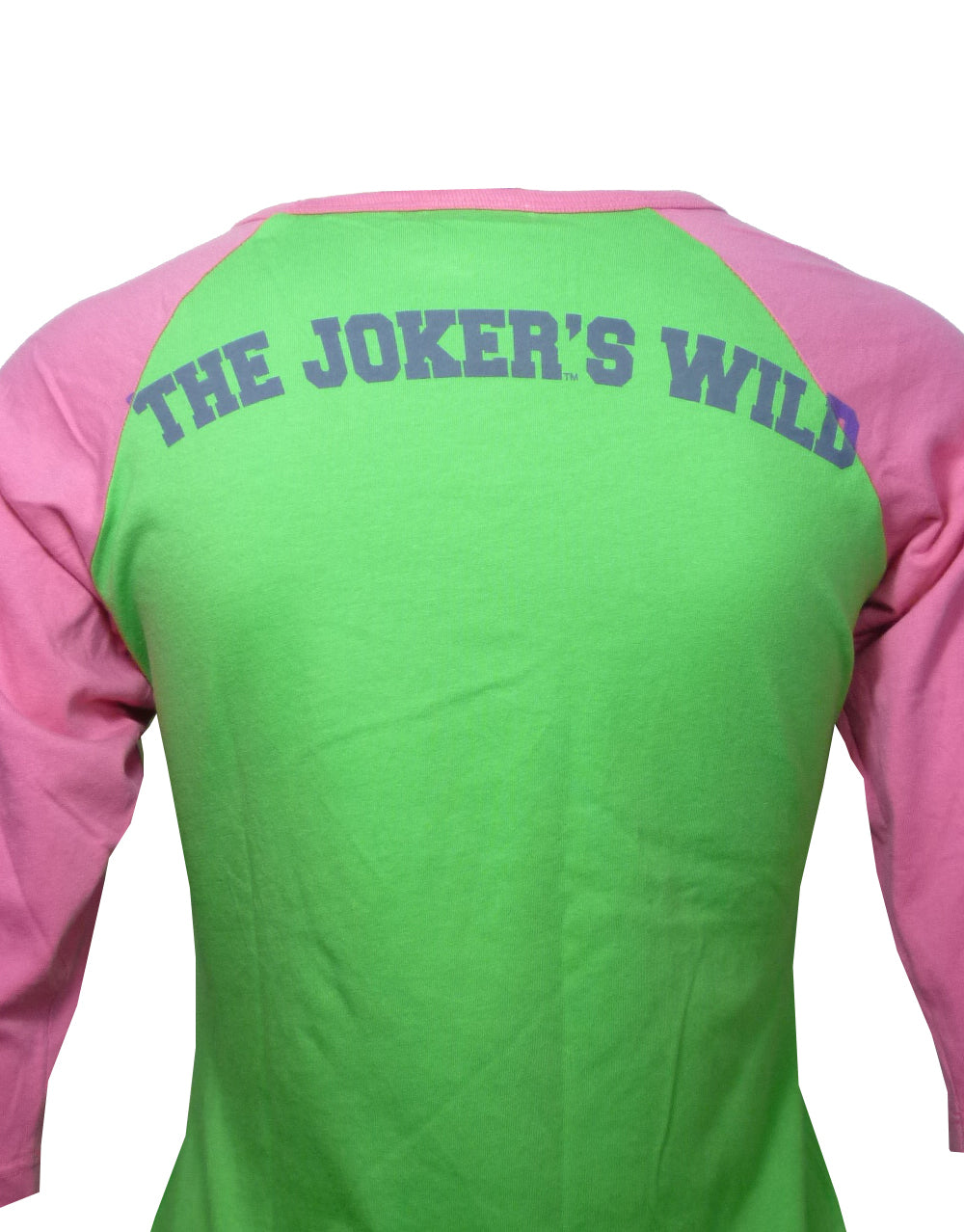 The Joker stance graphic on a green women's baseball top.