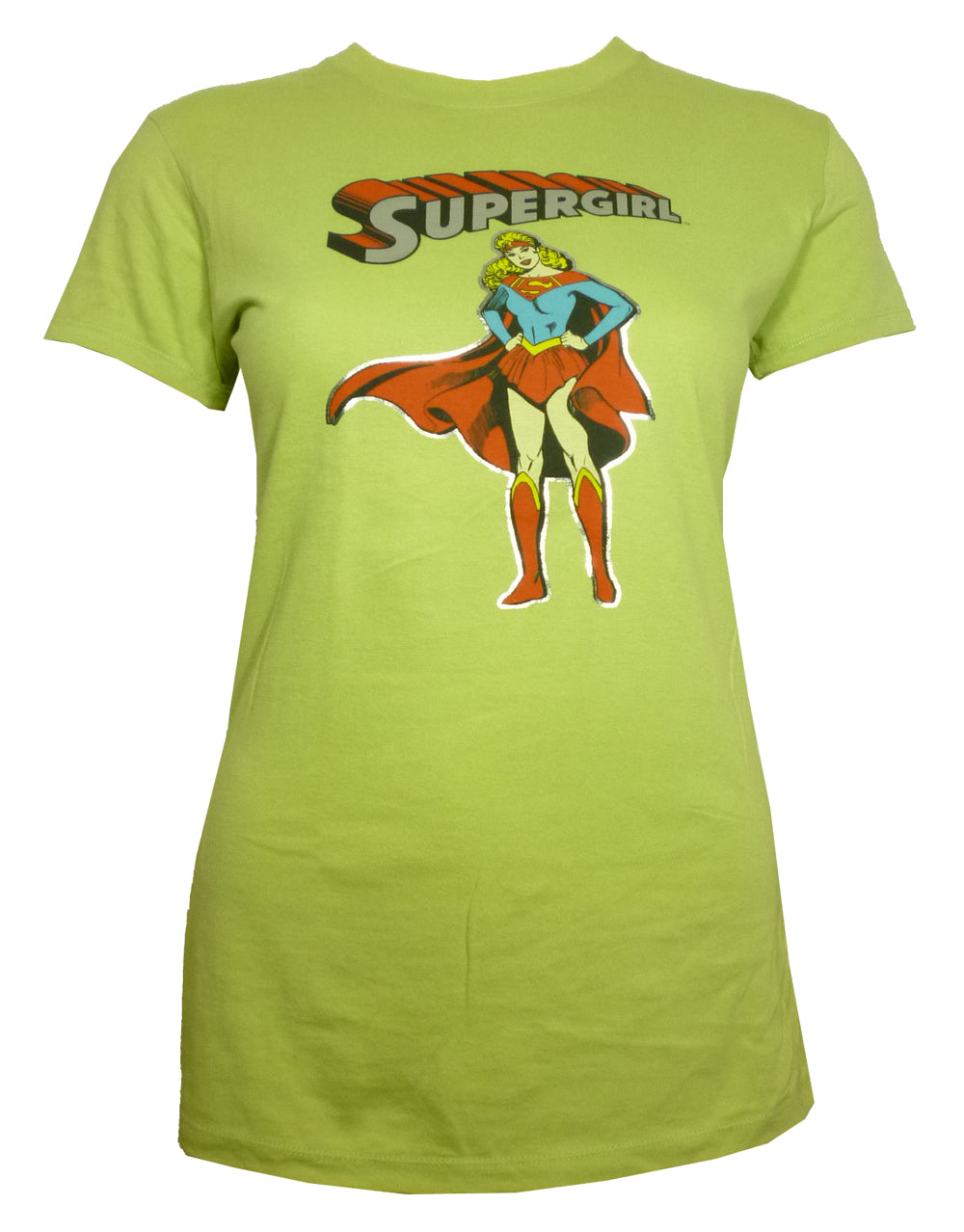 Supergirl stance graphic on a green women's t-shirt.