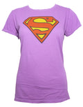 Supergirl shield graphic on a purple women's t-shirt.