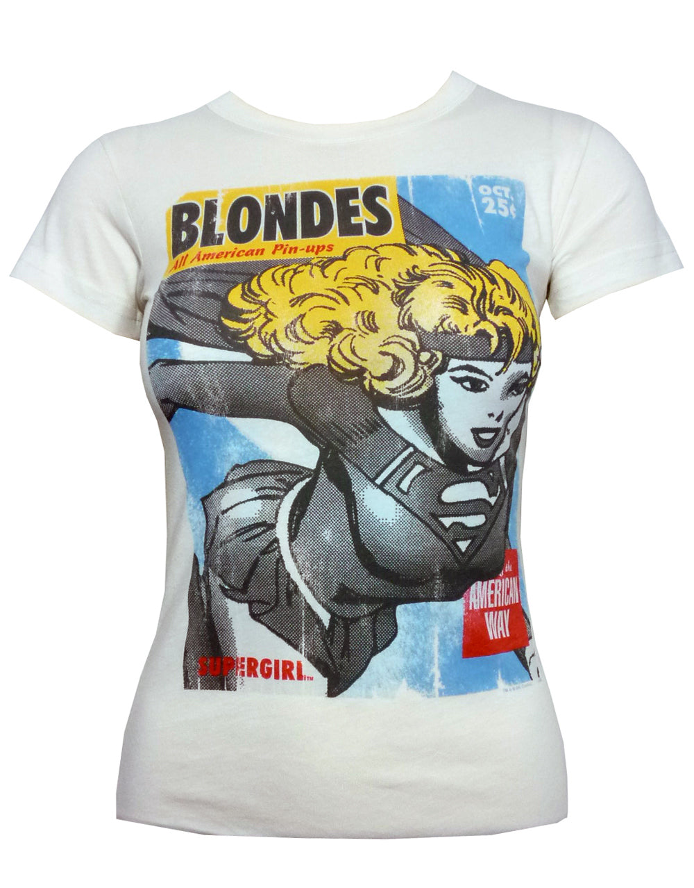 Supergirl all American pin ups graphic on a cream women's t-shirt.