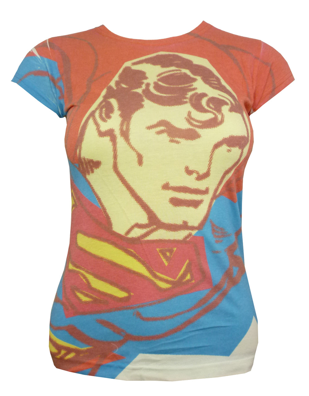 Superman sublimated graphic on a cream women's t-shirt.