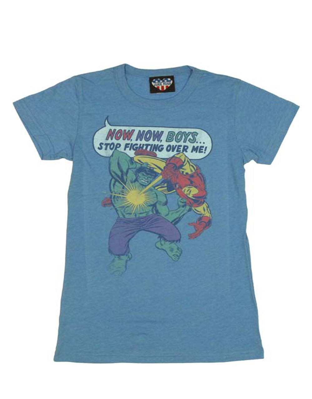 Marvel boys graphic on a light blue women's t-shirt.