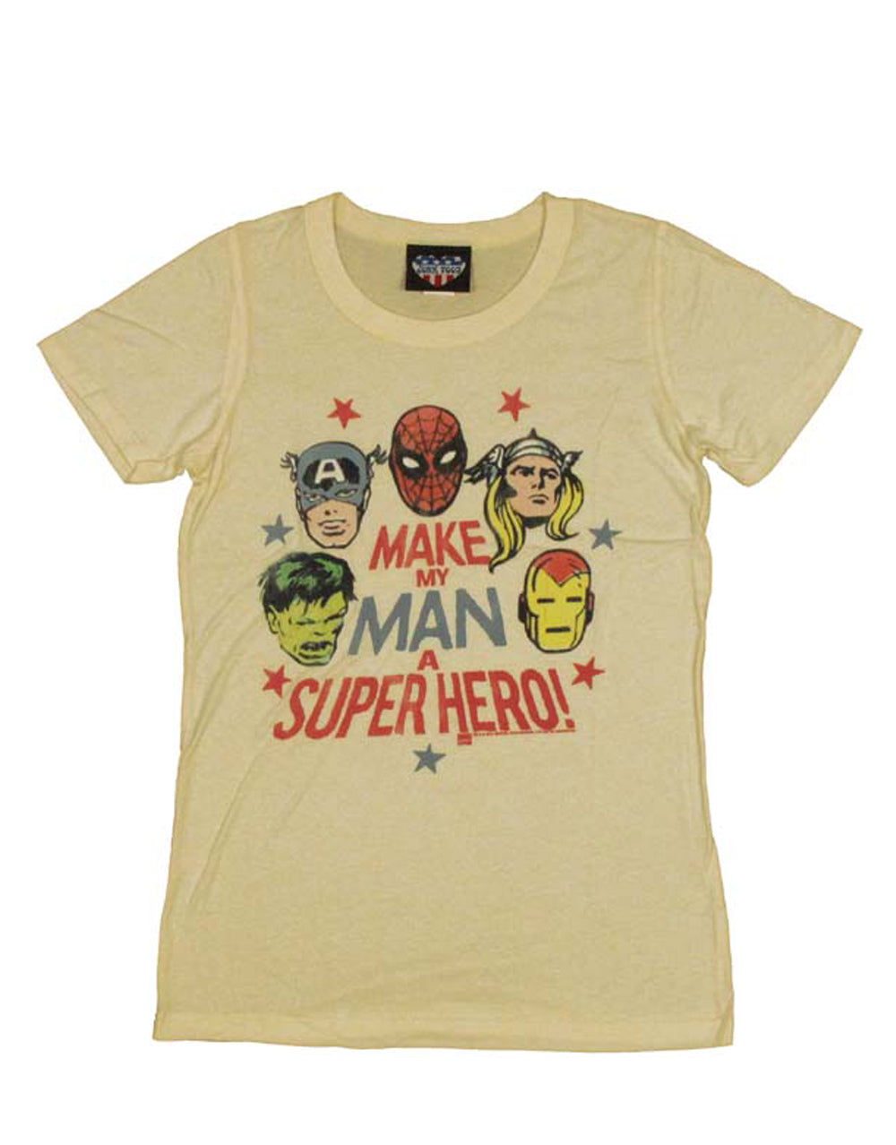 Marvel make man graphic on a cream women's t-shirt.