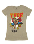 Thor hammer graphic on a grey women's t-shirt.