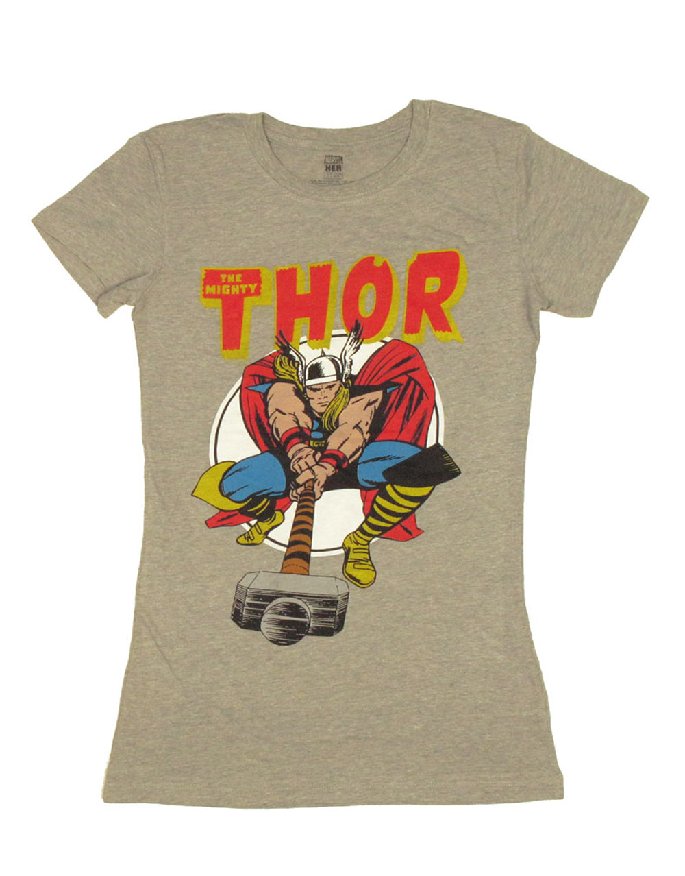 Thor hammer graphic on a grey women's t-shirt.