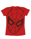 Spider-Man face graphic on a red women's t-shirt.